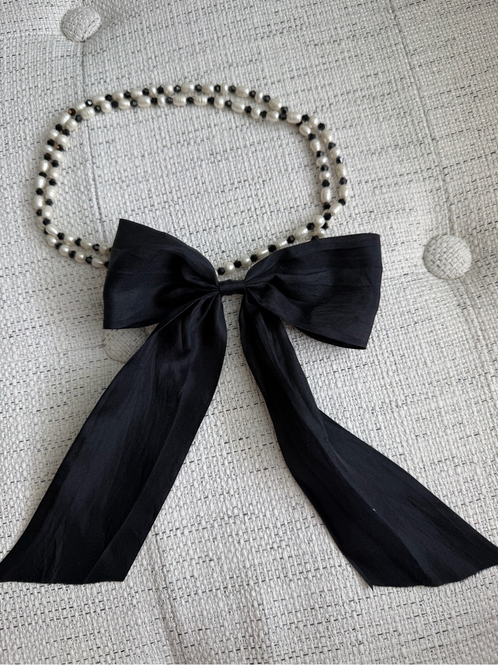 J. Crew Pearl Bead Necklace with Black Ribbon Bow